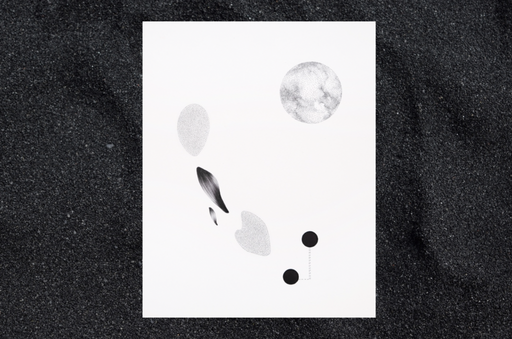 Abstract minimalist drawing consisting of black and grey circles on a white background