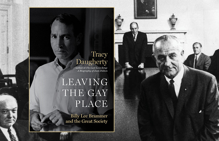 Book jacket of Leaving the Gay Place overlays a photo of LBJ's presidential cabinet.