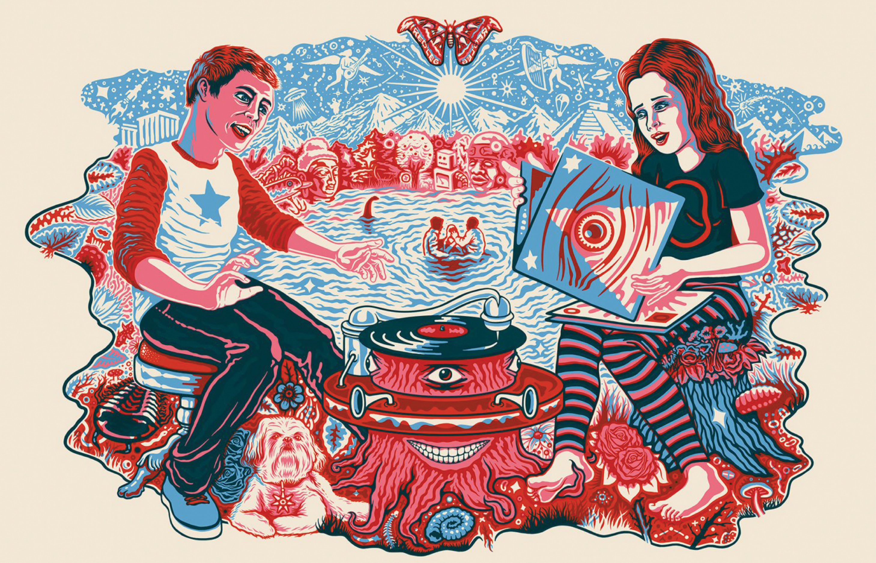 Illustration of two people sitting near a surreal record player.