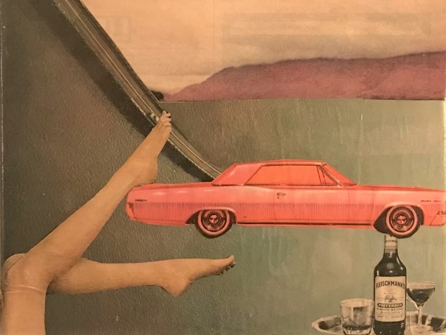 Collage art depicting legs, a red car, and a red flower sitting in a liquor bottle
