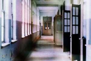 A hallway with several open doors