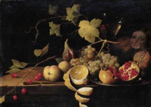 Vintage painting of a fruit platter on a brown desk