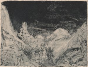 Sketch depicting white mountains. In the background is a black sky.