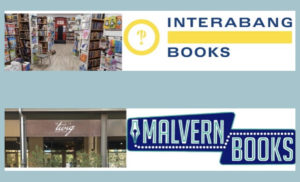 Logos and bookshelves of ‘Malvern Books’ and ‘Interabang Books’