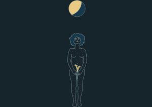 Blue woman holding yellow lilies looks up at a yellow-blue moon with a blue background.