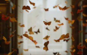 photo of orange butterflies in front of a window.