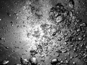 Black and white image of bubbles suspended in water